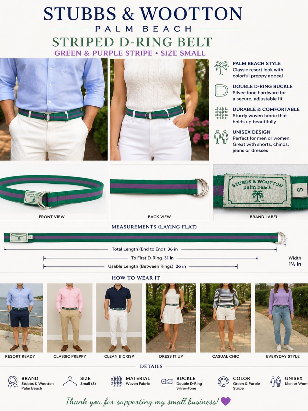 Stubbs & Wootton Palm Beach Belt Size Small Green Purple Stripe D Ring